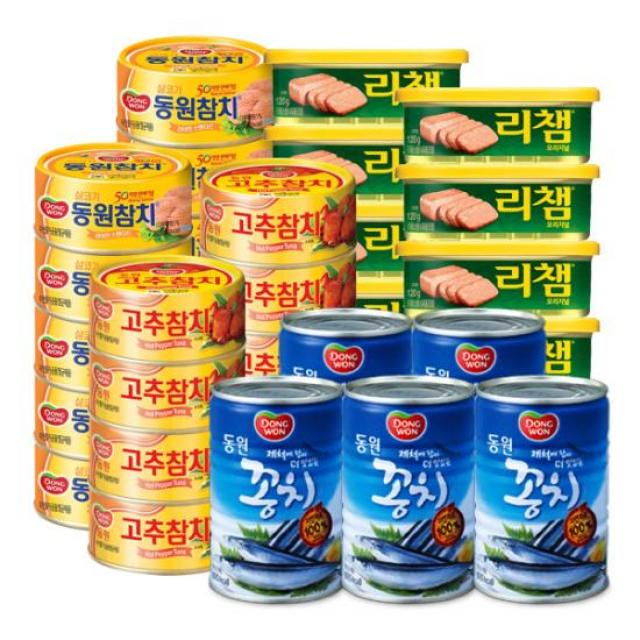 [동원] 라이트스탠다드 참치 85g*10캔+리챔120g*10캔+고추참치 85g*8캔+꽁치 통조림 400g*5캔, 1개