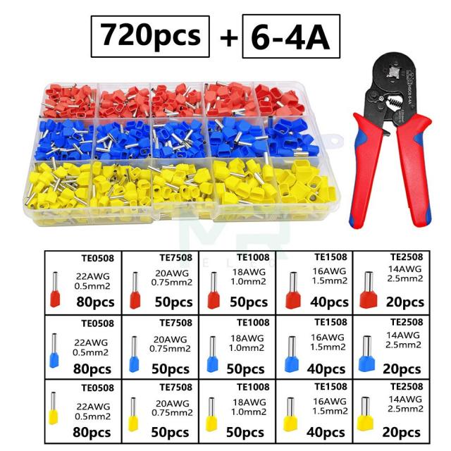 크림프 커넥터 절연 코드 핀 엔드 터미널 키트 세트 400 개, 관형 크림핑 커넥터 플라이어 모듬, 08 720PCS 6-4A