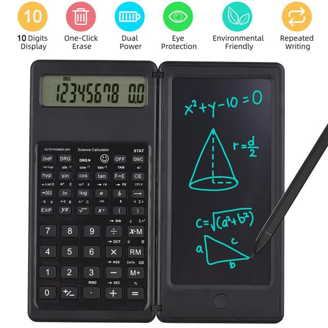 휴대용 다기능 포켓 계산기 6.5 인치 LCD 화면 태블릿 접는 과학 디지털 드로잉 패드 스타일러스 펜, Black