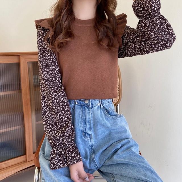 쉬폰니트 빅사이즈 남성여성복 니트스커트 병접연결 플라워스커트 시폰 언더셔츠 상의 가을겨울 뚱뚱한 mm슬림핏 페이크2벌