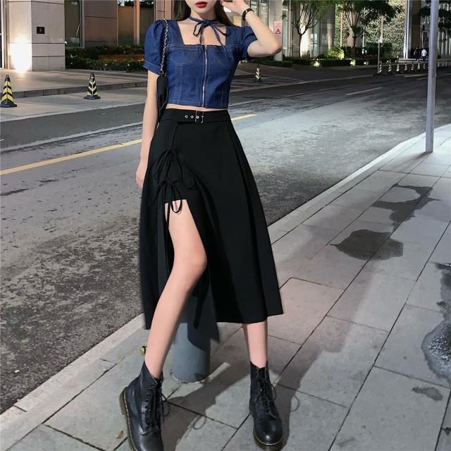 DIPYLON 여성 캐주얼 세트 블랙 슬릿 스커트 여자 여름 중기장 하이웨스트 라인 언