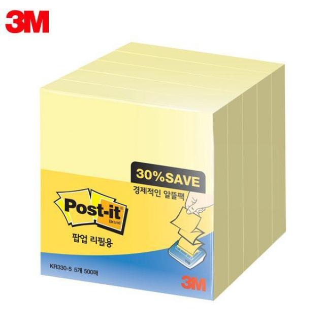 3M 포스트잇 일반노트 팝업 리필용 알뜰팩 KR330-5A (76x76mm) 5패드 메모지 포스트잇 메모장 대용량포스트잇 포스트잇알뜰팩 접착식메