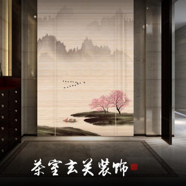 대나무발 프린팅 롤스크린 롤방식 산수화 암막커튼 높이조절 칸막이 가로닫이막커튼 중식 장식 병풍, T08-일엽편주