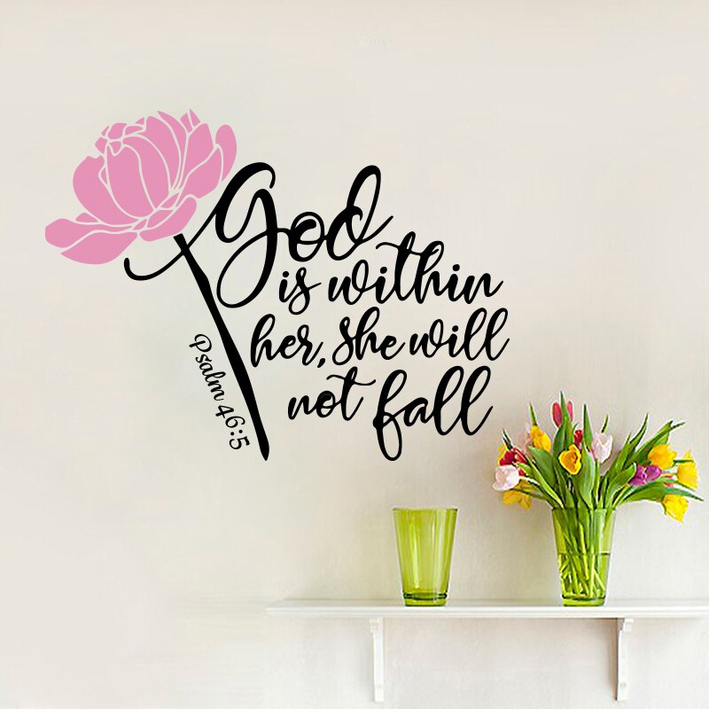 큰 신은 그녀의 시편 안에있다 46: 5 벽 스티커 침실 아이 방 성경 구절 따옴표 꽃 장미 벽 전사 술 거실 비닐, 1개, 56cmwidex43cmhigh^+0
