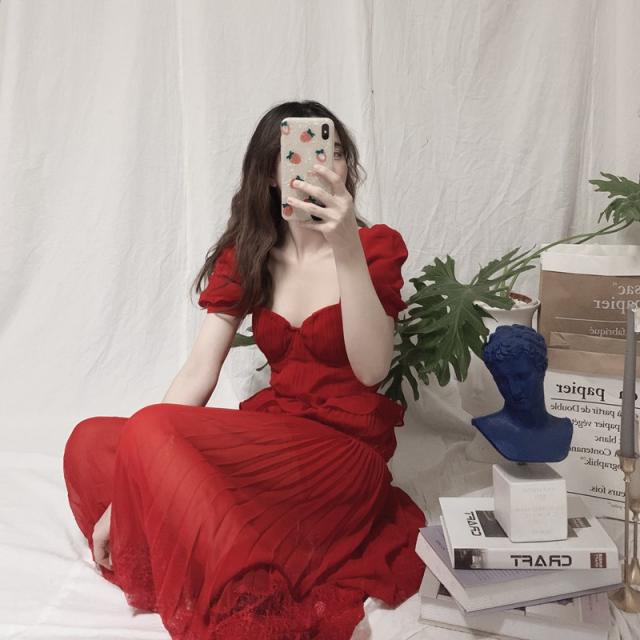 마멜뷰 스퀘어넥 퍼프 원피스 2020년 봄여름 빈티지 크루넥 벌룬소매 솔리드 플레