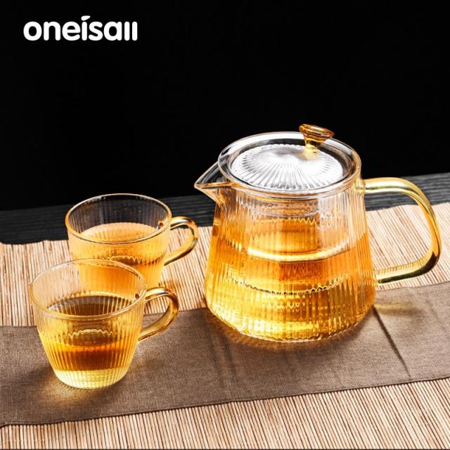 ONEISALL 직문 티포트 내열유리 차 우려내기 세트 혼합색상, 500ml 주전자에 컵 2개 추가