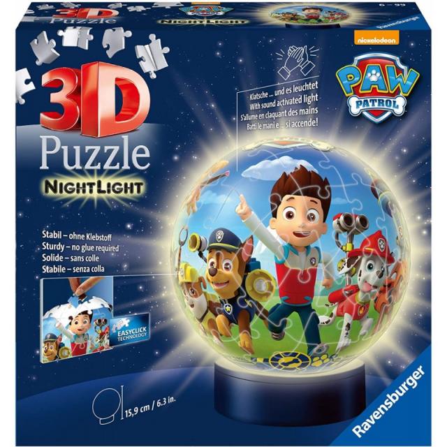 [독일 직배송] Ravensburger 3D 퍼즐 밤 빛 발 순찰 - 6 년에서 어린이를위한 퍼즐 공 험담 메커니즘 스누즈 빛LED 침대 옆, 단일옵션