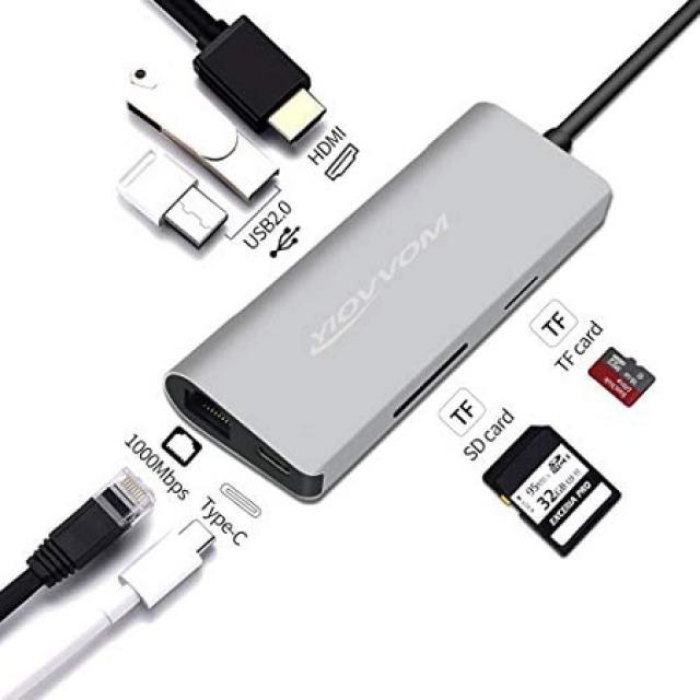 MulticoloredLED usb c 허브 어댑터 7 in 1 type c ~ 4k hdmi rj45 이더넷 sdtf 카드 판독기 슬롯 2 usb 2, 상세 설명 참조0