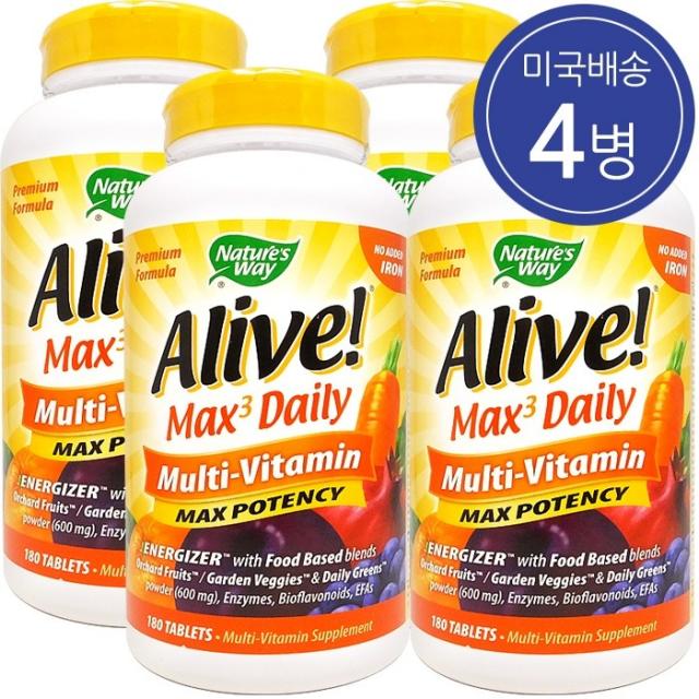 Nature's Way 네이쳐스웨이 얼라이브 맥스 3 데일리 (철분 무첨가) 180탭 4병, 180정
