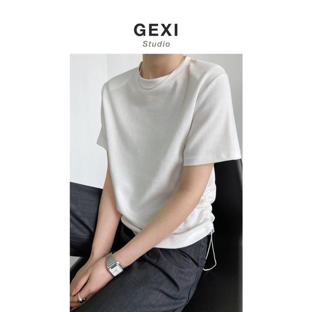 라운드넥반팔티 창저녁때 GEXI 드로스트링 t셔츠 여성 솔리드 무지 숄더패드 이너 상의 2022 봄 여름 4727327179