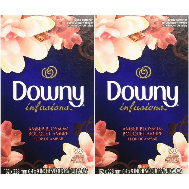 다우니 섬유 유연제 드라이 시트 90매 2팩 인퓨전 앰버 블라썸 Downy Infusions Amber Blossom 90 Dryer Sheets, 1set