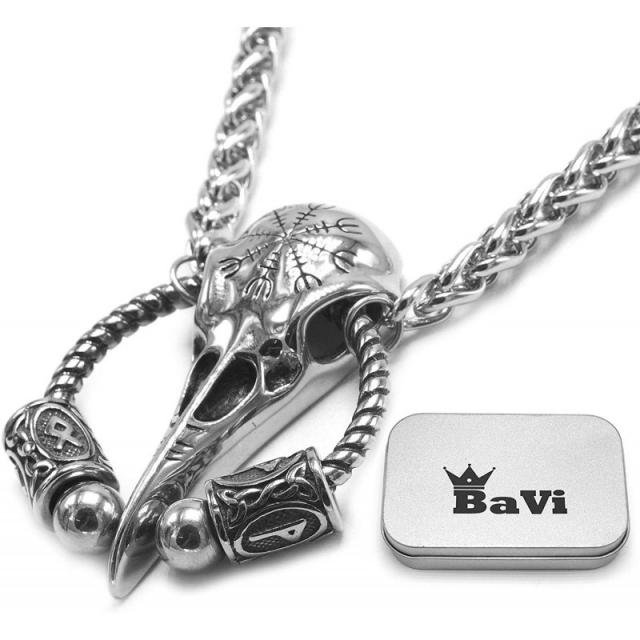 경외심 기호 Aegishjalmur 투구와 BaviPower 룬 문자 Huginn 까마귀 해골 펜던트 목걸이 | 북유럽 스칸디