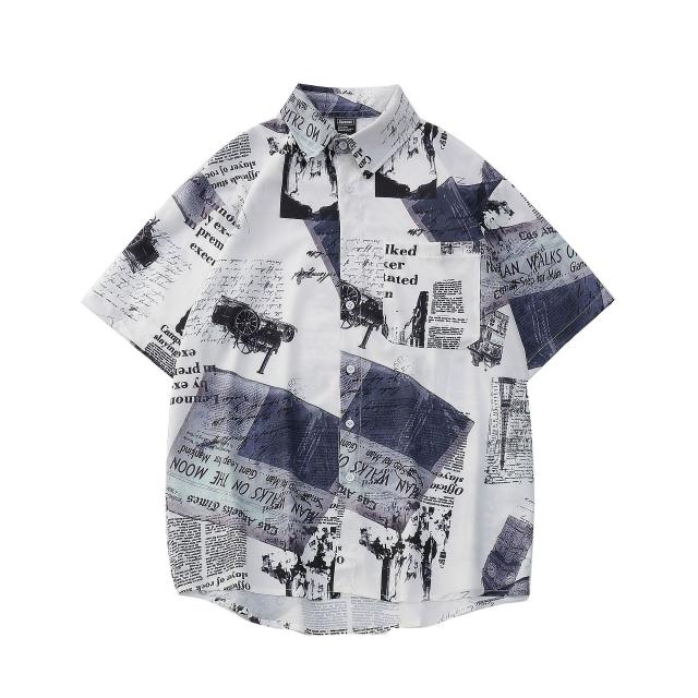 KORELAN 홍콩 패션 일본계 복고 남성 셔츠 트렌드 남성 반팔 셔츠 트렌드 멋있다 신문 외투 여름