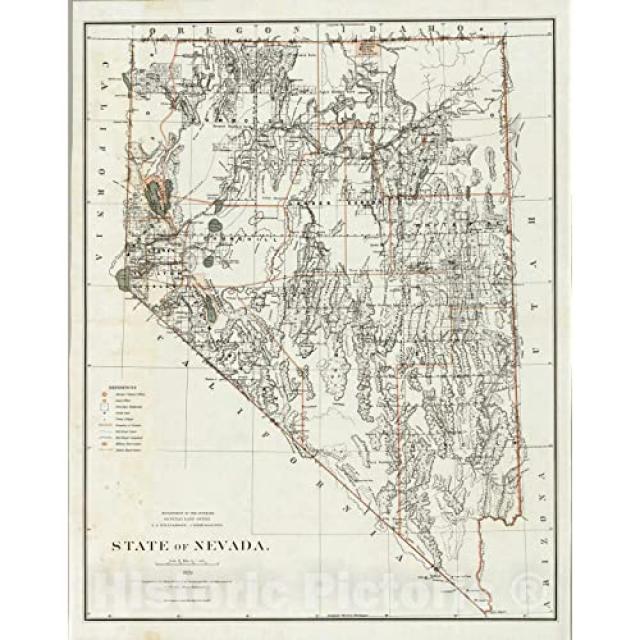 역사적인 벽지도 : 네바다 내무부 내륙국지도. 1879- 빈티지 벽화 -24 인치 x 30 인치, 본상품