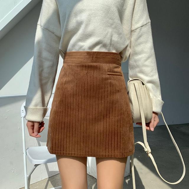 스커트 여성의류 겨울 가을 CHIC 복고등 코르덴 힙랩 블랙 하이웨스트 A라인