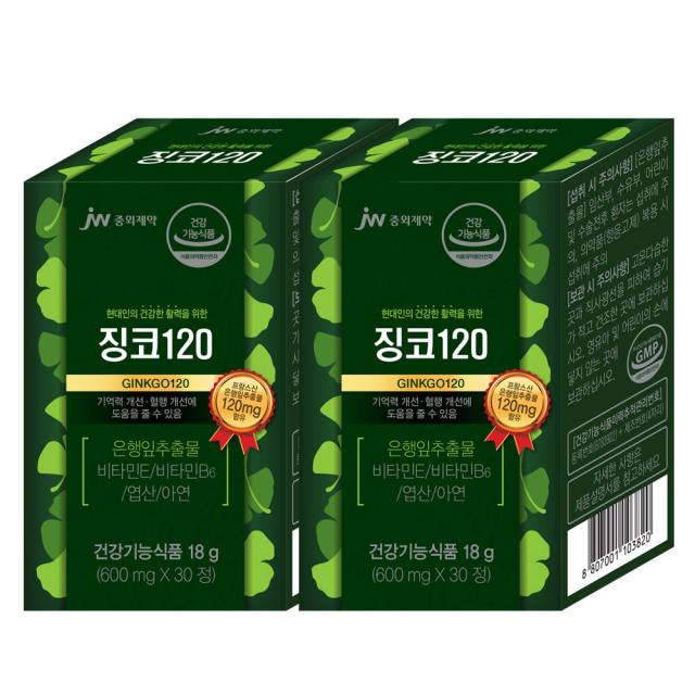 JW 중외제약 징코120 은행잎추출물 비타민E 비타민B6 엽산 아연, 600mg * 30정 2박스