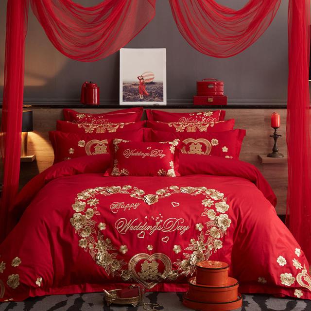 순면이불세트 결혼기념일 4종 자수 진홍 색 기쁘다 이불커버 건 침대용품 코튼 신혼 침구류 심플 3489973367, 2.2m 4종 -적합 220 *240, 사랑을 향해 출발하다