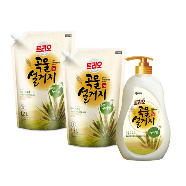 트리오 곡물설거지 우리밀 주방세제 용기 750ml + 리필 1.2l 2개 1개