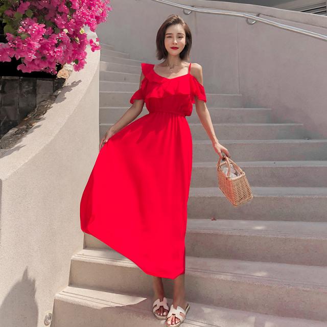 KORELAN 발리 롱스커트 여 태국 해변 바캉스 하이난 싼야 슬림 레드 비치 스커트 초강신선하다