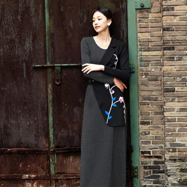 긴소매 롱원피스 기슭 노랫소리 오리지널제작 디자인 가게 수제 페이크투피스 가운 비스듬함 가로꽃 나무 숏 4563158981