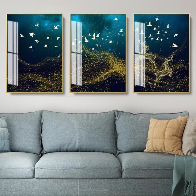 노르딕 소파 기함 가볍게 사치한 그림을 걸다 은면흑기체 침실 뮤럴 현대 심플 세폭 제단화다, 존귀한블랙（알루미늄합금트리밍복사슴길조가나타나다B0590