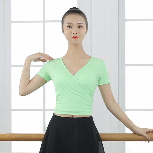 훈련복 댄스 상의 여성 여름 에스닉 발레 형 연공복 반팔 교차 문예 고사를 치르다 체조복 4898797539, M, 아보카도