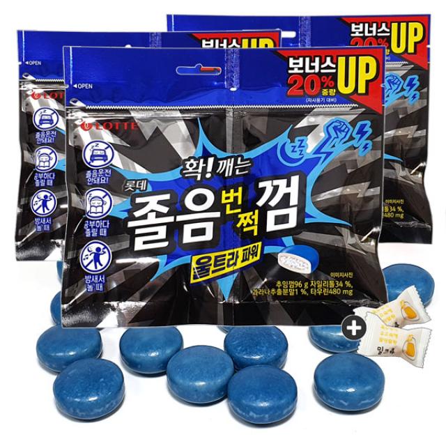 롯데 졸음껌 울트라파워(리필용) 3봉(+밀크츄 2개포함) 잠이 확깨는, 200g, 3봉
