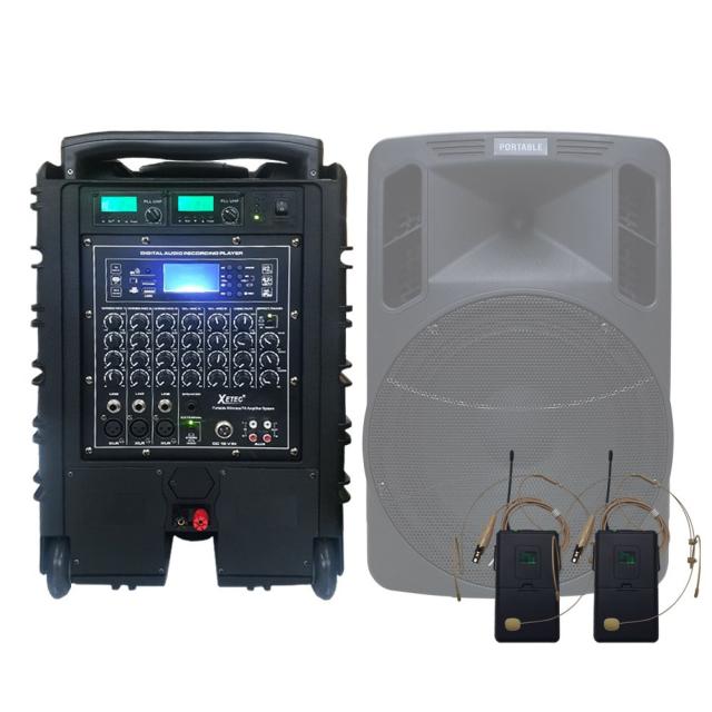 세텍코리아 EV-8510N 700W 충전식 이동식앰프스피커 6채널믹서내장 USB 블루투스지원 고출력앰프 나라장터등록제품 야외운동장출력사이즈앰프 행사용 공연용 강연용 버스킹용, 앰프+무선헤드마이크2개