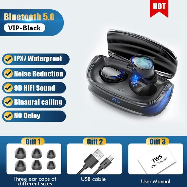 TWS Bluetooth 5.0 이어폰 무선 Bluetooth 헤드폰 소음 차단 9D HiFi 스테레오 스포츠 헤드셋 핸즈프리 (마이크 포함) 블루투스 이어폰, 패키지1