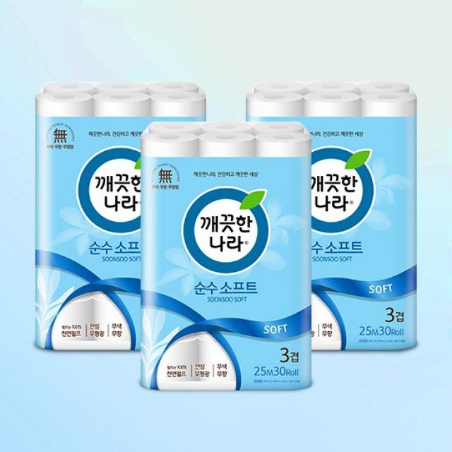 깨끗한나라 화장지 순수소프트 휴지 30롤x3팩, 없음