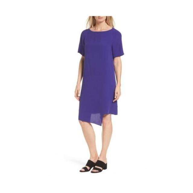 125738 EILEEN FISHER Venus Purple 실크 Georgette Crepe Asymmetrical Shift 드레스 PP PS