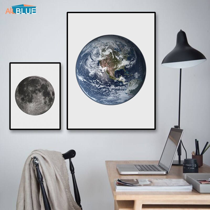 Earth moon canvas prints 벽 아트 캔버스 페인팅 북유럽 포스터와 지문 거실 용 벽 사진 견적 미니멀리스트 장식, Picture 2