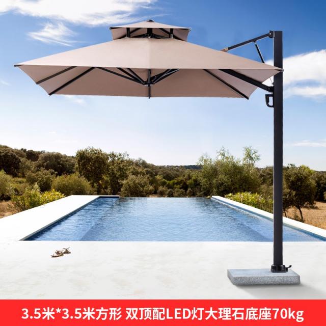 옥상그늘막 횡단보도그늘막 타프 그늘막 야외 파라솔 파티오 야외 포장 마차 테라스 정원파라솔 발코니 사이드 파라솔 정사각형, 색상 분류: LED 램프 대리석 기초 70kg을 가진 3.5m * 3.5m 정연한 두 배 정상