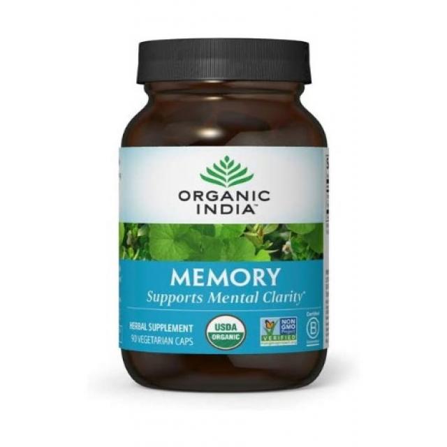 Organic India Memory Herbal Supplement - 정신 명확성 및 건강한 신경계 지원 면역 지원 비건 글루텐 프리 코셔 USDA 인증 유기농 Non-GMO 90캡슐, 1병