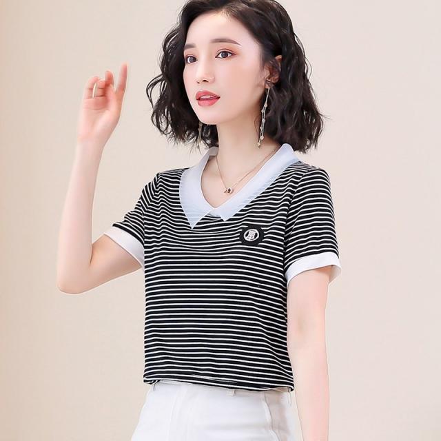 블랙화이트 스트라이프 티 여 반팔 여장 여름 라운드 티셔츠 상의 오버핏 사이즈 조