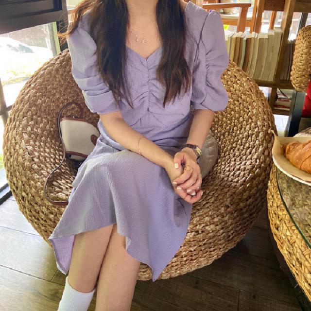 프렌치 도라지 퍼프 소매 주름수 허리 스트링 날씬해 보이는 미디 원피스 백허그