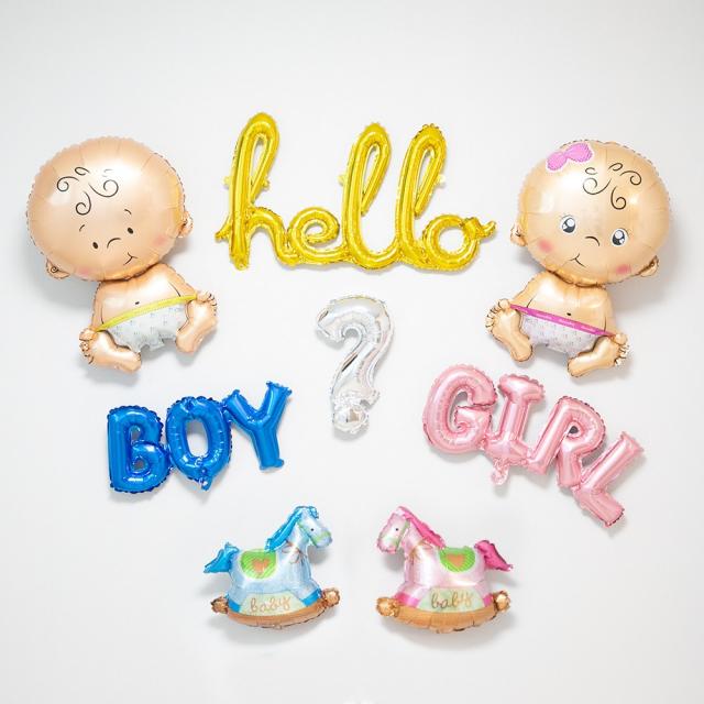 [젠더리빌파티] HELLO+고딕 보이걸 SET 성별공개 베이비샤워, 흘림체 헬로 실버, 물음표 골드+미니 목마