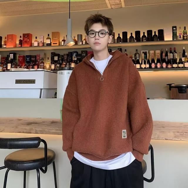 DFMEI.Knitwear --반집업 후드 스웨터 남 추동 커플 루즈핏 니트 순색 심플 휴한가하다