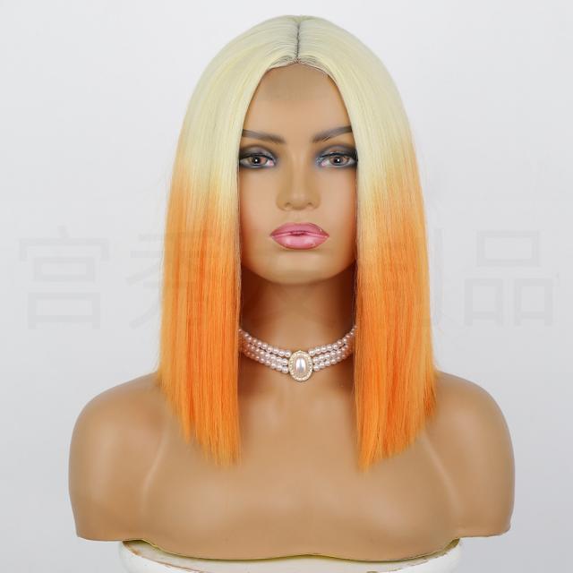 구미 가발 주황색 점차 짧아지다 생머리 웨이브 머리 가르마 레이스 투구 분장 가발 orange wigs