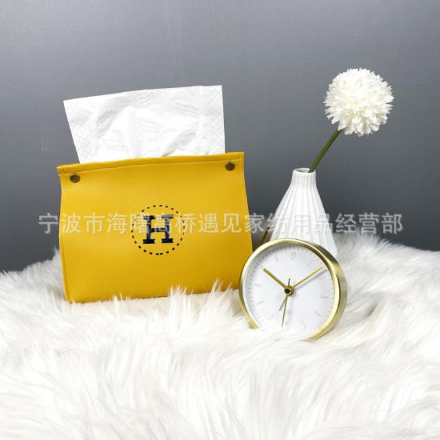 KORELAN 오렌지색 H자 심플한 ins풍 두껍다 더하다 단단하다 PU 가죽 휴지통 창의적 침실 거실 가정용 휴지통, H자 노란색 평평한 휴지통.