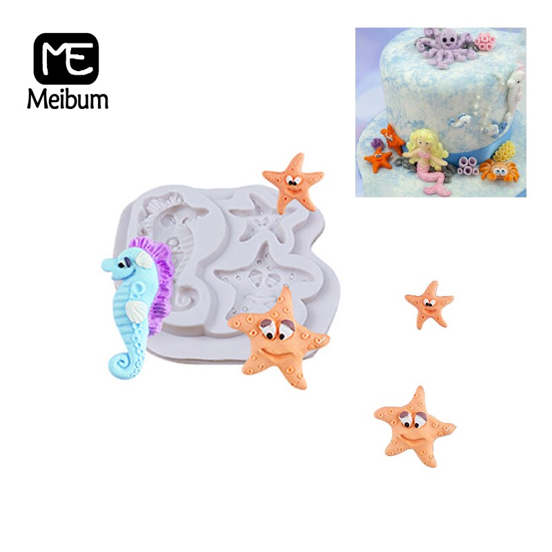 MEIBUM 오션 테마 실리콘 몰드 DIY 해마 불가사리 모양의 케이크 꾸미기, 기본^
