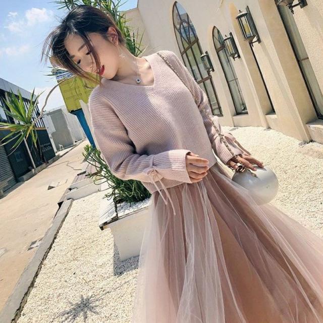KORELAN 언니 기질 거리 부드럽다 바람 작다 키 크다 크다 입다 스웨터 스커트 투피스