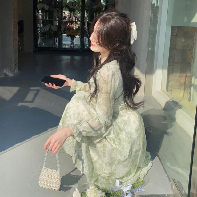 매실 익다 프렌치 플라워 스커트 프릴 하이웨이스트 롱 슬리브 원피스