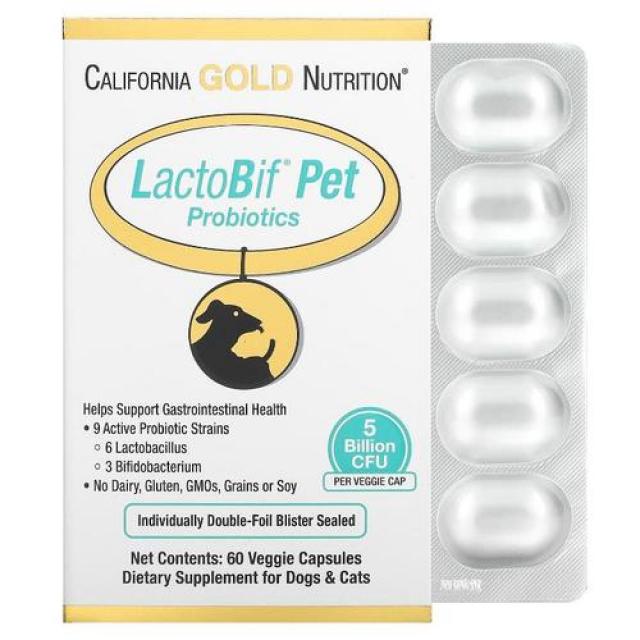 캘리포니아 골드 뉴트리션 LactoBif Pet Probiotics 5 Billion CFU 60 Veggie Caps