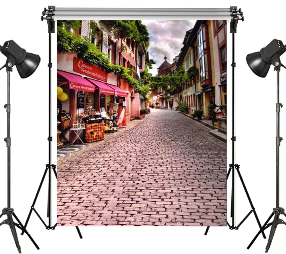 거리 벽돌 바닥 녹색 식물 폴리 에스터 빨 수있는 주름 배경 사진 배경 스튜디오 소품 사진 원활한, 5x7ft(150x210cm)