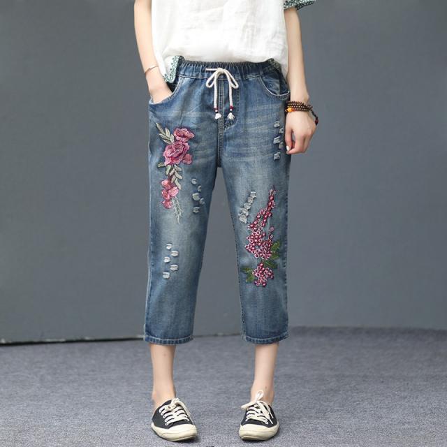 남자8부바지 자수 포도 7나눔 청바지 여성여름옷 얇은타입 하이웨스트 신축성 일자핏 오버사이즈 여성팬츠 8분바지