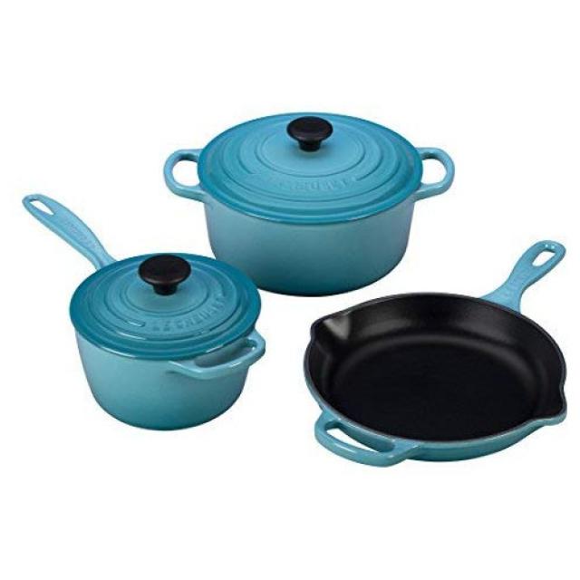 르크루제 냄비 & 프라이팬 세트 Le Creuset MS1605-2 Signature Enameled Cast Iron Cookware Set 5-Piece Flame, 본문참고, Color = Caribbean