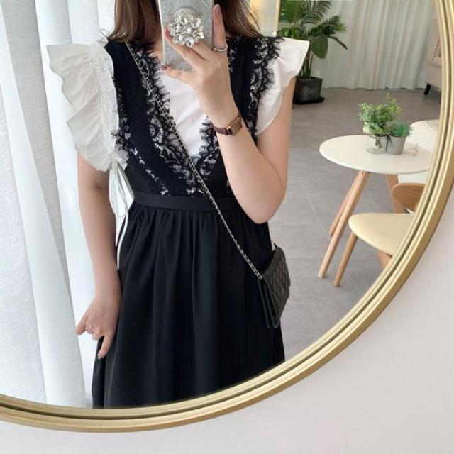 레이스 펀칭 하객룩 상견례 옷차림 프릴 러플 뷔스티에 일체형 원피스