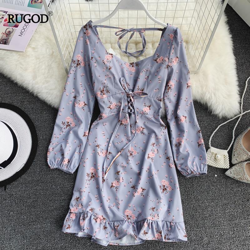 Rugod 2019 꽃 프린트 레이스 업 우아한 목격 된 여성 복장 빈티지 달콤한 느슨한 한국 스타일 boho chic modis femme vestido