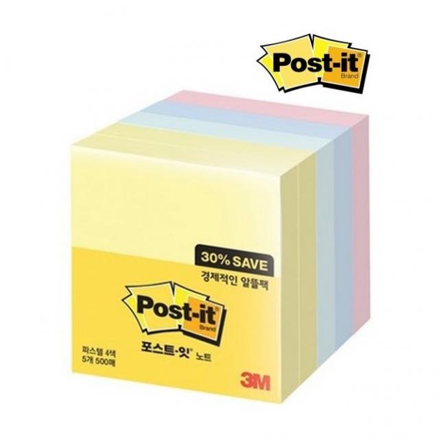 쓰리엠 알뜰팩 포스트잇 76 x 76 mm 654-5A 500p, 노랑, 애플민트, 크림블루, 러블리핑크, 2개